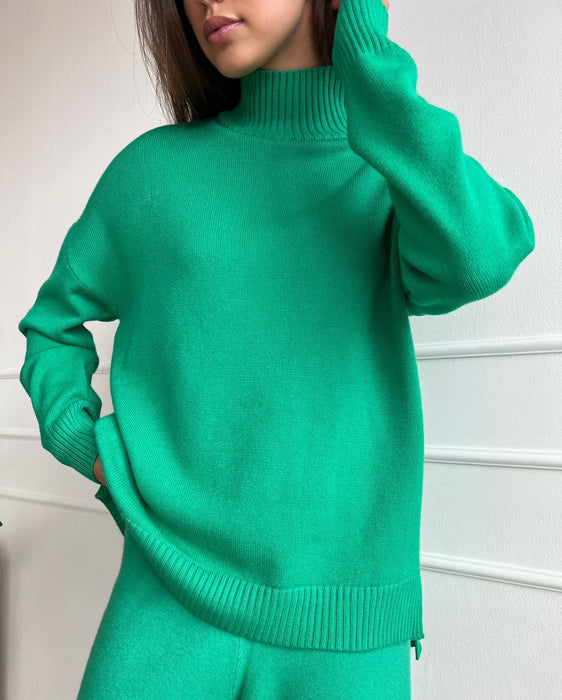 Color-Green-Autumn Winter High Collar Loose Slit Long Sleeve Wide Leg Pants Set-Fancey Boutique