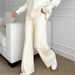 Color-Milky White Pants-Autumn Winter High Collar Loose Slit Long Sleeve Wide Leg Pants Set-Fancey Boutique