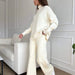 Color-Milky White Set-Autumn Winter High Collar Loose Slit Long Sleeve Wide Leg Pants Set-Fancey Boutique