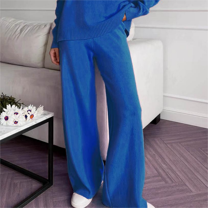 Color-Blue Trousers-Autumn Winter High Collar Loose Slit Long Sleeve Wide Leg Pants Set-Fancey Boutique