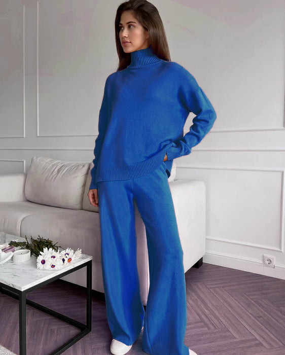Color-Blue Set-Autumn Winter High Collar Loose Slit Long Sleeve Wide Leg Pants Set-Fancey Boutique
