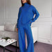 Color-Blue Set-Autumn Winter High Collar Loose Slit Long Sleeve Wide Leg Pants Set-Fancey Boutique