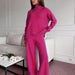Color-Rose Red Suit-Autumn Winter High Collar Loose Slit Long Sleeve Wide Leg Pants Set-Fancey Boutique