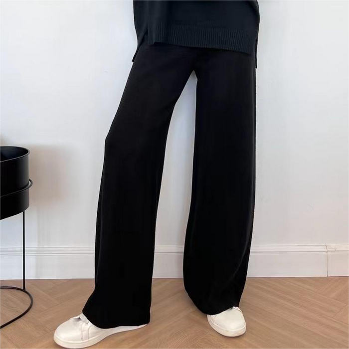 Color-Black Pants-Autumn Winter High Collar Loose Slit Long Sleeve Wide Leg Pants Set-Fancey Boutique