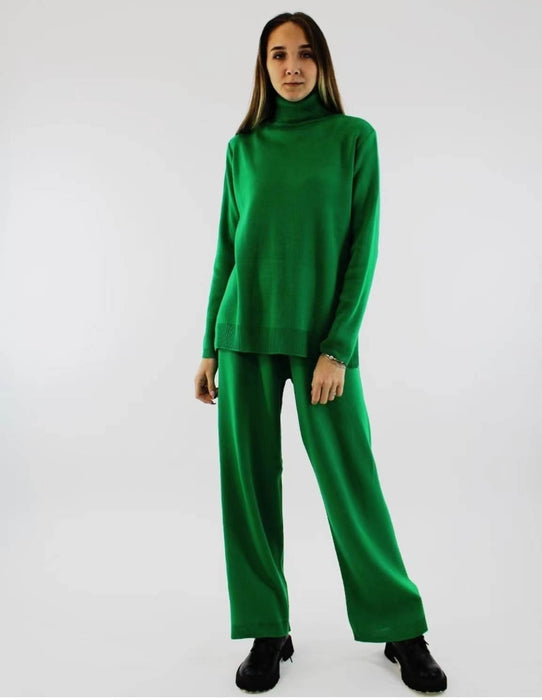 Color-Green Set-Autumn Winter High Collar Loose Slit Long Sleeve Wide Leg Pants Set-Fancey Boutique