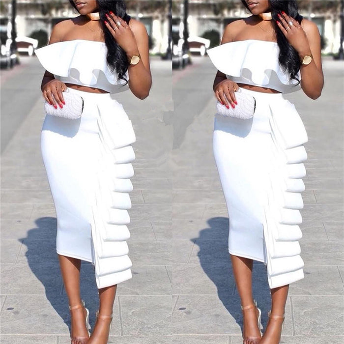 Color-White Suit-Sexy Layered High Waist Skirt Wrapped Chest Short Top Slimming Two Piece Set Women Two Piece Set-Fancey Boutique