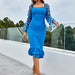 Color-Blue-Women Square Neck Lantern Sleeve Solid Polka Dot Daily Elegant Ruffle Smocked Lace Slim Bodtcon Tiered Dress-Fancey Boutique