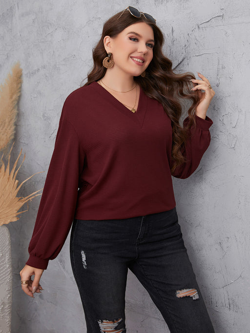 Color-Burgundy-Designed Office Plus Size Women V neck Long Sleeve Pullover Shirt-Fancey Boutique