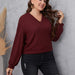 Color-Burgundy-Designed Office Plus Size Women V neck Long Sleeve Pullover Shirt-Fancey Boutique
