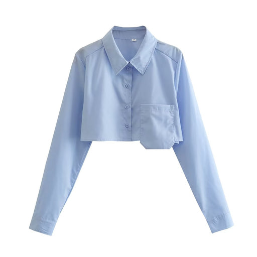 Color-Blue-Women Clothing Short Frayed Hem Loose Shirt Polo Collar Casual Button Cardigan Top-Fancey Boutique