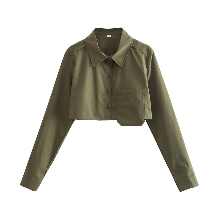 Color-Army Green-Women Clothing Short Frayed Hem Loose Shirt Polo Collar Casual Button Cardigan Top-Fancey Boutique