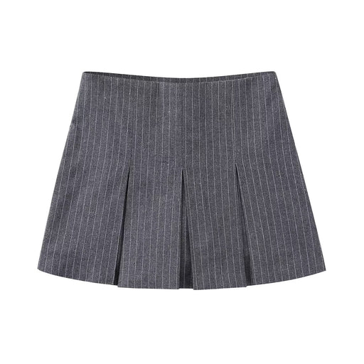 Color-Gray-Women Clothing Striped Wide Pleated Younger Short Culotte-Fancey Boutique