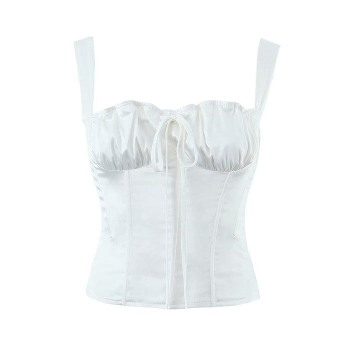 Color-White-Knitted Lace up Bow Suspenders Vest Women Winter Women Clothing White Liner Boning Corset Waist Top-Fancey Boutique