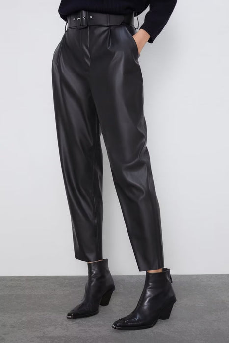 Color-Black-Summer High Waist plus Velvet Faux Leather Pants Casual Pants-Fancey Boutique