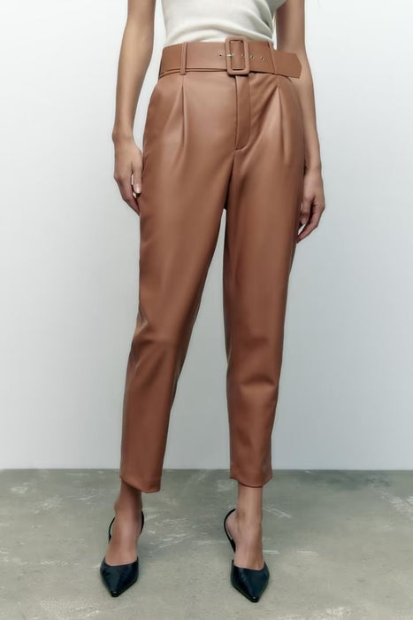 Color-Apricot-Summer High Waist plus Velvet Faux Leather Pants Casual Pants-Fancey Boutique