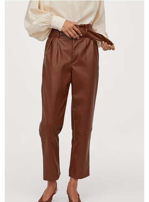 Color-Brown-Summer High Waist plus Velvet Faux Leather Pants Casual Pants-Fancey Boutique