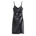 Color-Black-Spring Summer Women Solid Color Wild Pleated Faux Leather Faux Leather Strap Dress-Fancey Boutique