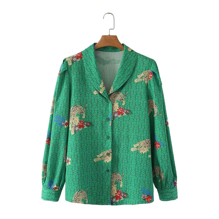 Color-Green-Women Clothing Graceful Wind Animal Prints Long Sleeved Shirt Women-Fancey Boutique