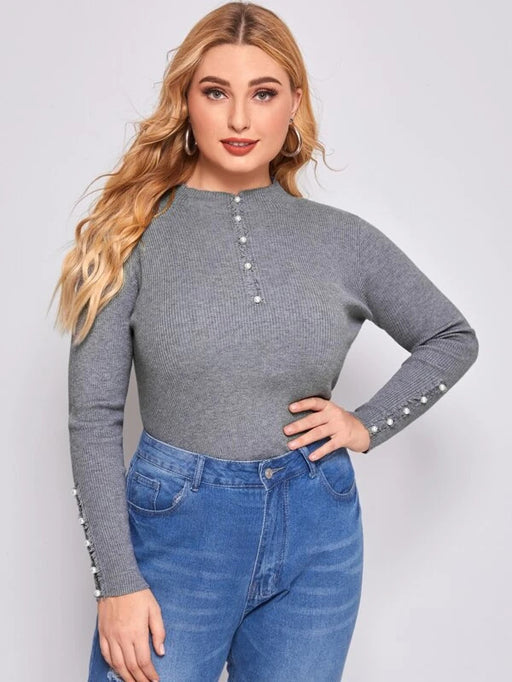 Color-Light Gray-Plus Size Autumn Winter Round Neck Highly Elastic Sweater Women Bottoming Sweater Pullover Solid Color Beading-Fancey Boutique