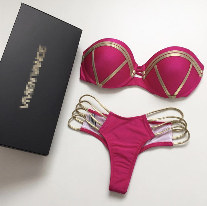 Color-S12 Rose Red-Bronzing Stitching Black Bikini Lady Sexy Swimwear Swimsuit Bikini-Fancey Boutique