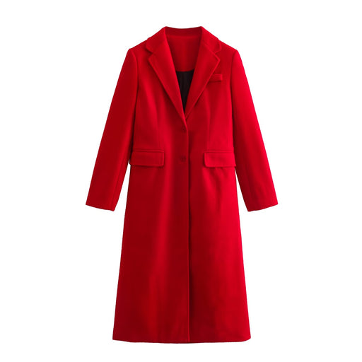 Color-Red-Long Simple Slim Office Woolen Coat Long Sleeve Elegant Plush Woolen Coat-Fancey Boutique