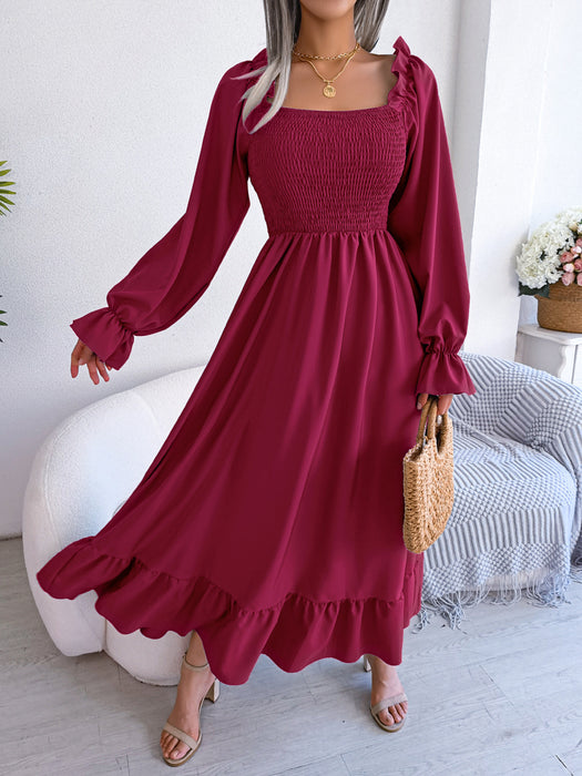 Color-Red-Spring Summer Casual Square Collar Flare Large Swing Ruffled Maxi Dress Women Clothing-Fancey Boutique