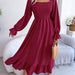 Color-Red-Spring Summer Casual Square Collar Flare Large Swing Ruffled Maxi Dress Women Clothing-Fancey Boutique