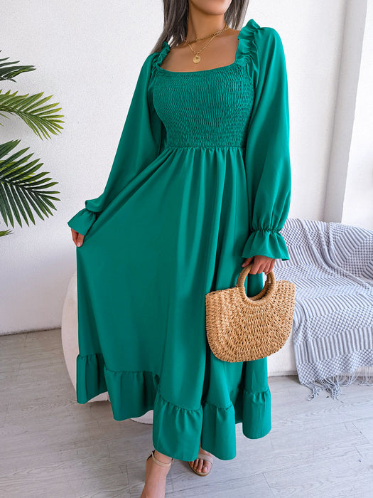 Color-Green-Spring Summer Casual Square Collar Flare Large Swing Ruffled Maxi Dress Women Clothing-Fancey Boutique