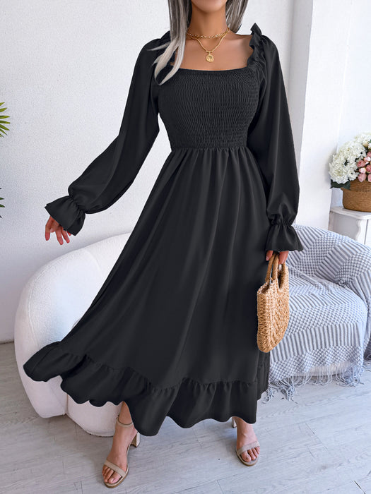 Color-Black-Spring Summer Casual Square Collar Flare Large Swing Ruffled Maxi Dress Women Clothing-Fancey Boutique