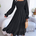 Color-Black-Spring Summer Casual Square Collar Flare Large Swing Ruffled Maxi Dress Women Clothing-Fancey Boutique