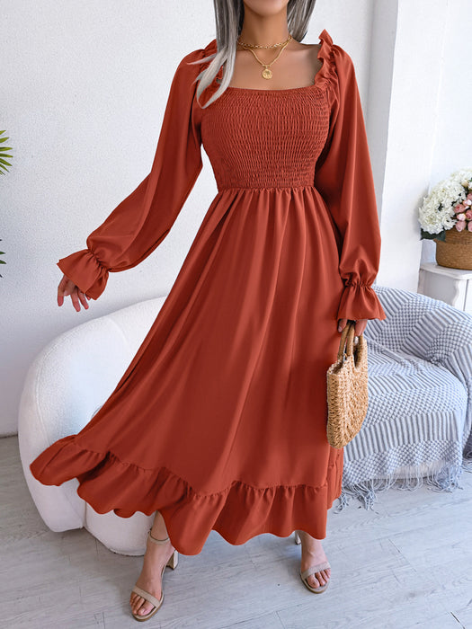 Color-Orange-Spring Summer Casual Square Collar Flare Large Swing Ruffled Maxi Dress Women Clothing-Fancey Boutique