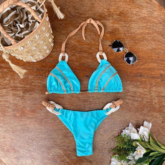 Color-Blue-Halter Swimsuit Women High Cut Bathing Suit Triangle Bikini Set Bathers Patchwork Swimwear Women Micro Biquini-Fancey Boutique