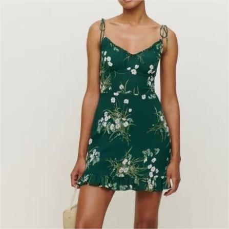 Fresh Slim Fit Slimming Short Pastoral Ruffled Printing Slip Dress Summer-Fancey Boutique