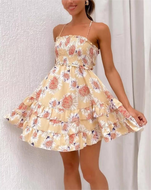 Spring Sexy Criss Cross Backless off Neck Floral Print Dress-Fancey Boutique