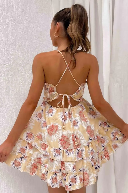 Spring Sexy Criss Cross Backless off Neck Floral Print Dress-Fancey Boutique