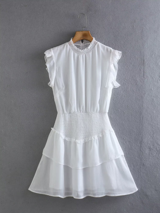 Women Half Turtleneck Ruffled Sleeveless Chiffon Dress Summer Hepburn Waist Tight Figure Flattering Short Dress-White-Fancey Boutique