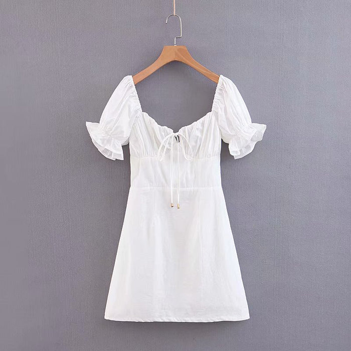 Vintage Court Sexy Tube Top Lace up Slim Fit Slimming White Puff Short Sleeve Eyelet Embroidery Dress for Women-White-Fancey Boutique