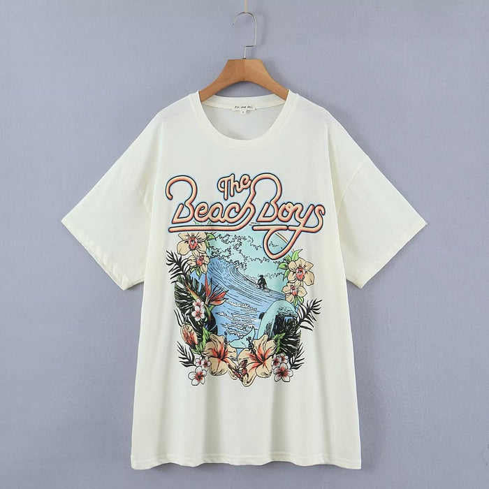 Color-White-Summer Neckline Color Matching Letters Seaside Landscape Coconut Print Loose Short Sleeve T shirt for Women-Fancey Boutique