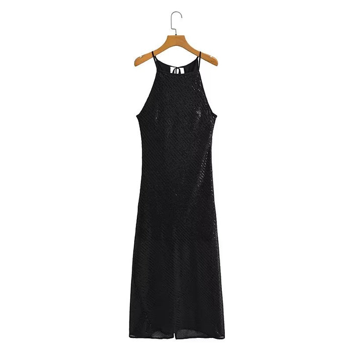 Color-Black-Spring Autumn Women Clothing Sequined Round Neck Sleeveless Sexy Dress-Fancey Boutique