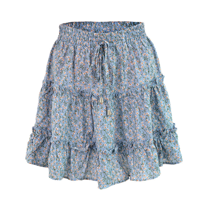 Color-Blue Flower-HighWaist Ruffles Floral Skirt Printed Beach A line Skirt-Fancey Boutique