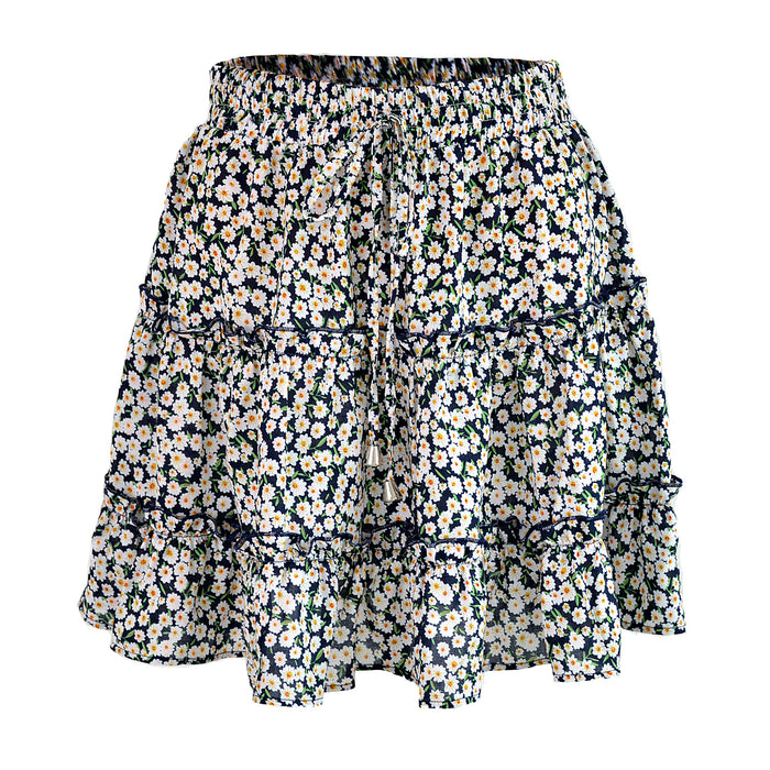 Color-Navy Blue Floral-HighWaist Ruffles Floral Skirt Printed Beach A line Skirt-Fancey Boutique