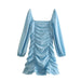 Color-Blue-Spring Women Clothing Solid Color Square Collar Pullover Pleated Long Sleeve Short Dress-Fancey Boutique