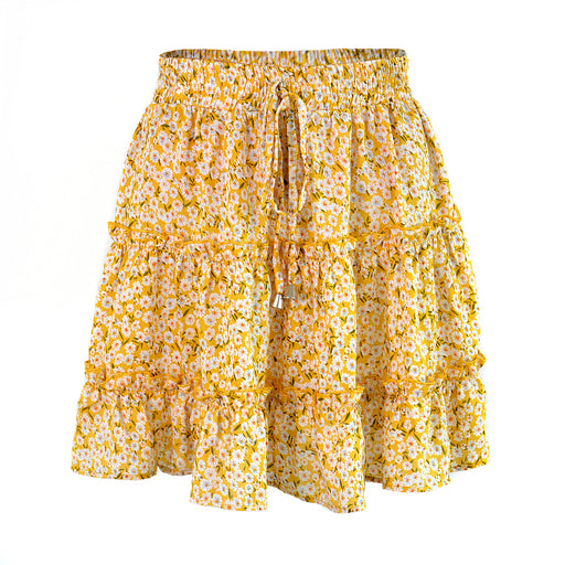 Color-Yellow Floral-HighWaist Ruffles Floral Skirt Printed Beach A line Skirt-Fancey Boutique