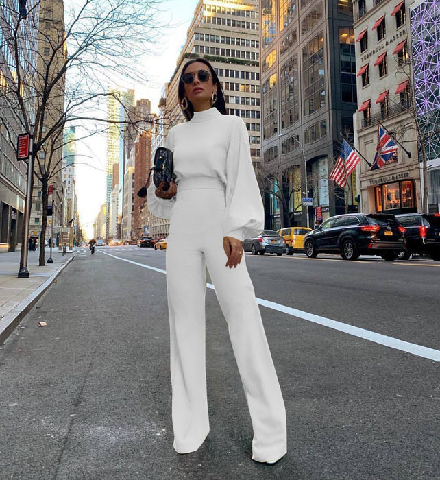 Color-White-Half Turtleneck Lantern Sleeve Simple Capable Office Lady Jumpsuit-Fancey Boutique