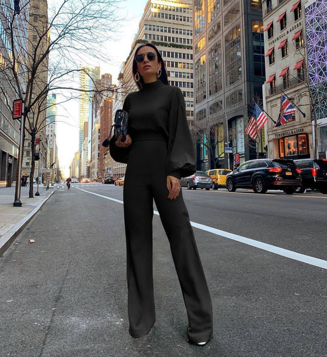 Color-Black-Half Turtleneck Lantern Sleeve Simple Capable Office Lady Jumpsuit-Fancey Boutique