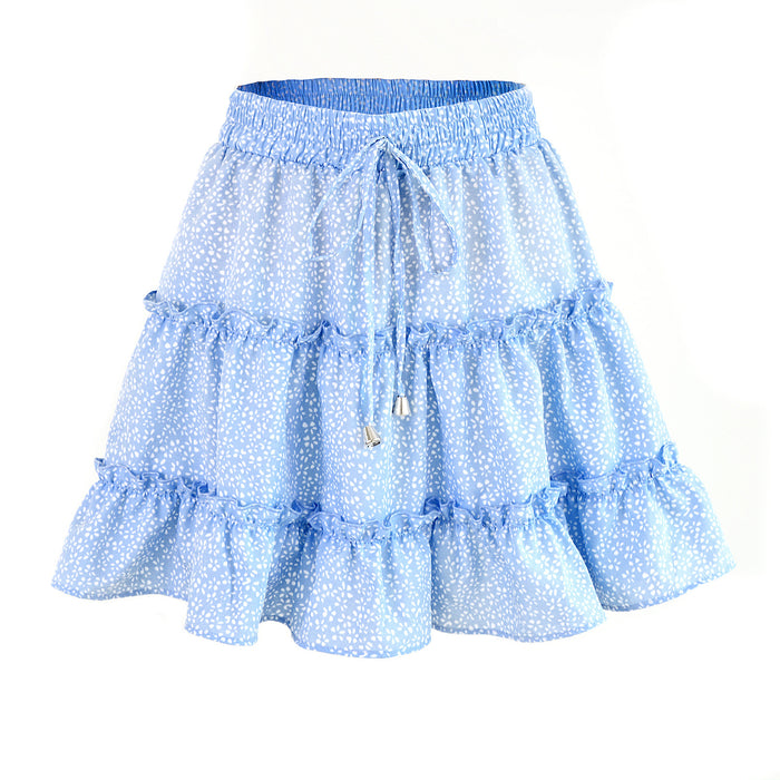 Color-Blue Dot-HighWaist Ruffles Floral Skirt Printed Beach A line Skirt-Fancey Boutique