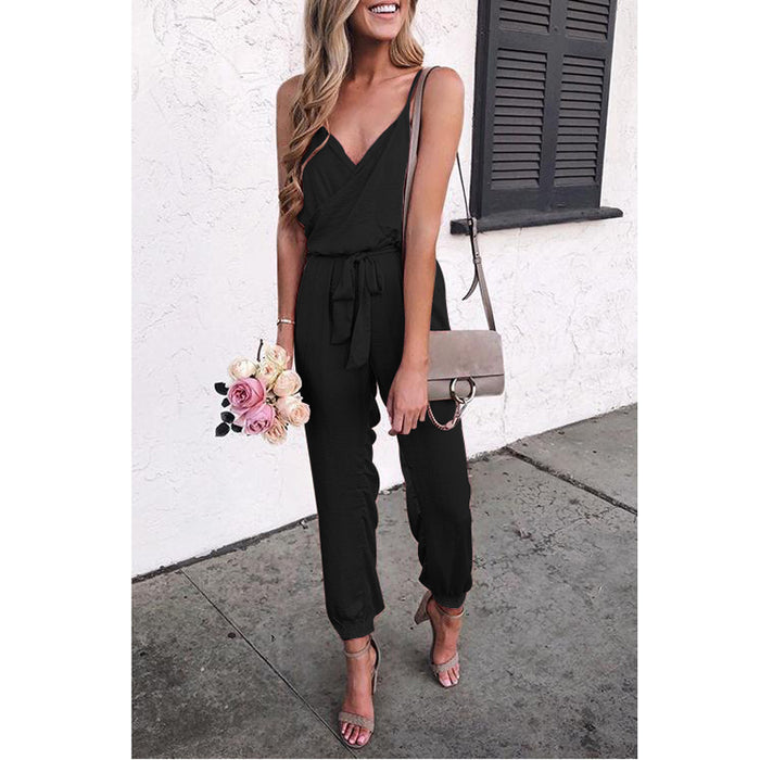 Women Clothing Solid Color Sling Belt Jumpsuit-Black-Fancey Boutique