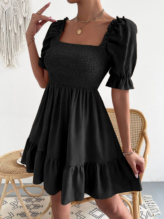 Color-Black-Spring Summer Square Collar Ruffled Short Sleeves High Waist Tight Office Dress Women-Fancey Boutique