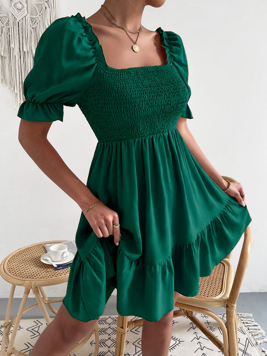 Color-blackish green-Spring Summer Square Collar Ruffled Short Sleeves High Waist Tight Office Dress Women-Fancey Boutique