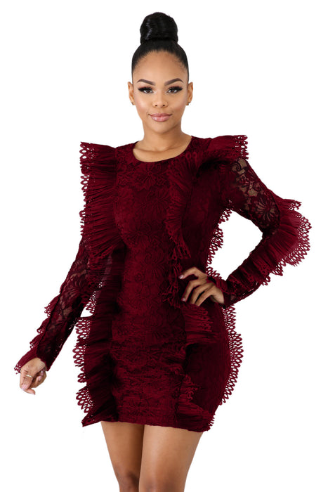 Color-Burgundy-New Women Ruffled Lace See through Sheath Dress-Fancey Boutique